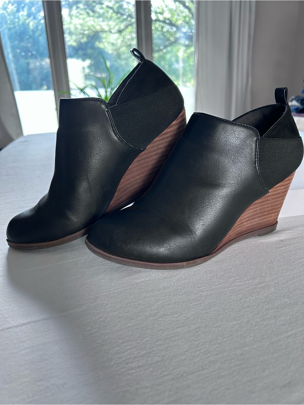 Dr. Scholl's Black Leather Wedge Ankle Booties with Brown Stacked Heel